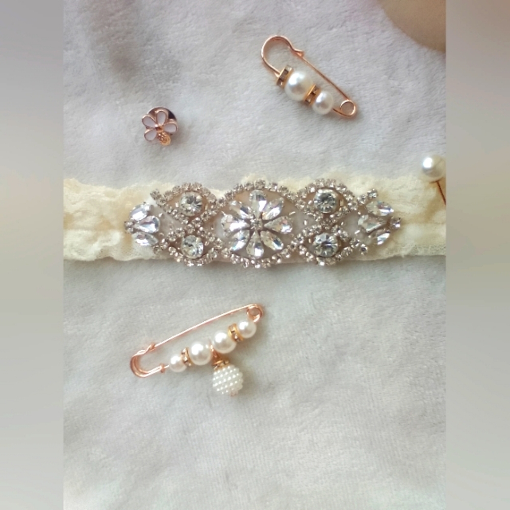 Vintage Ivory Crystal Pearl Lace Non-slip Wedding Garter Pin Barrett Bundle Set - Picture 9 of 13